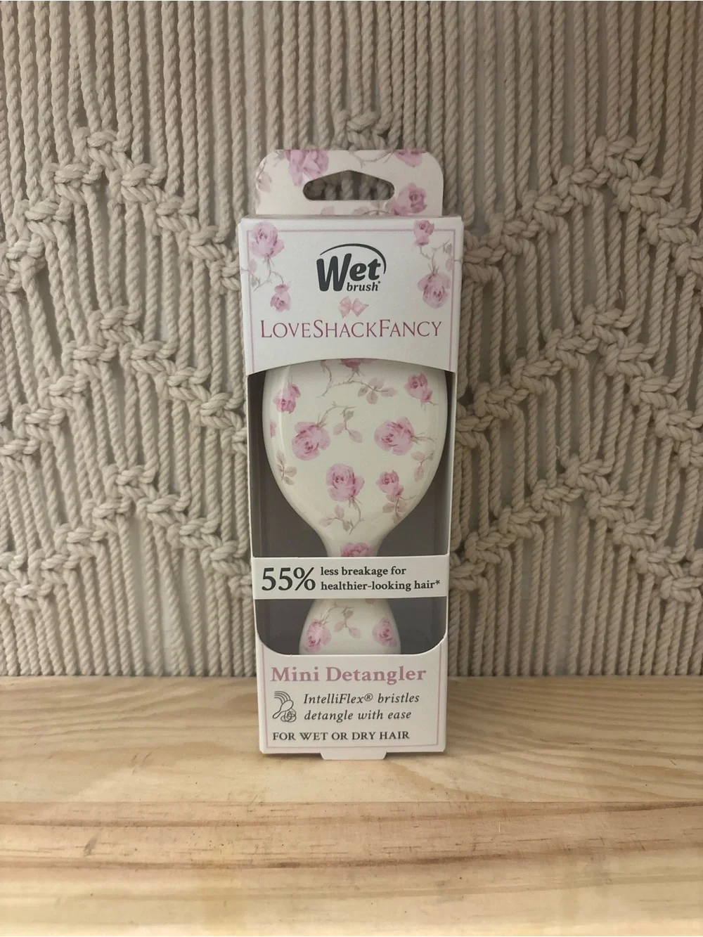 LoveShackFancy Mini Detangler Hair Brush in White with Pink Floral Print